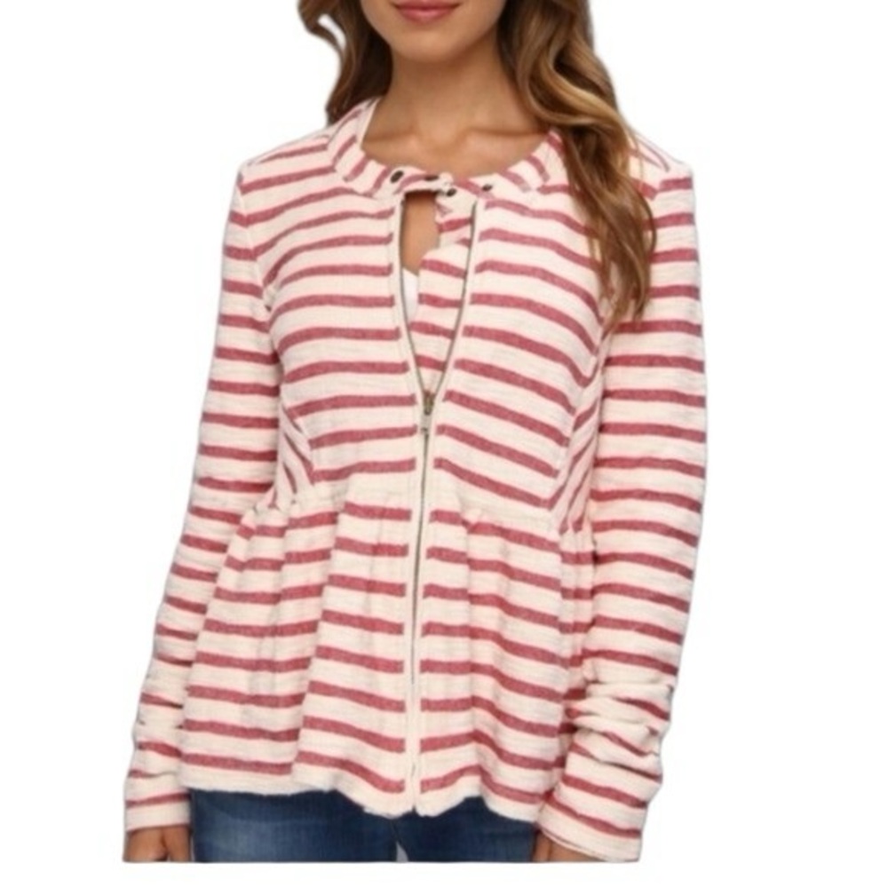 Free People Cream and Pink Striped Zip Front Peplum Jacket